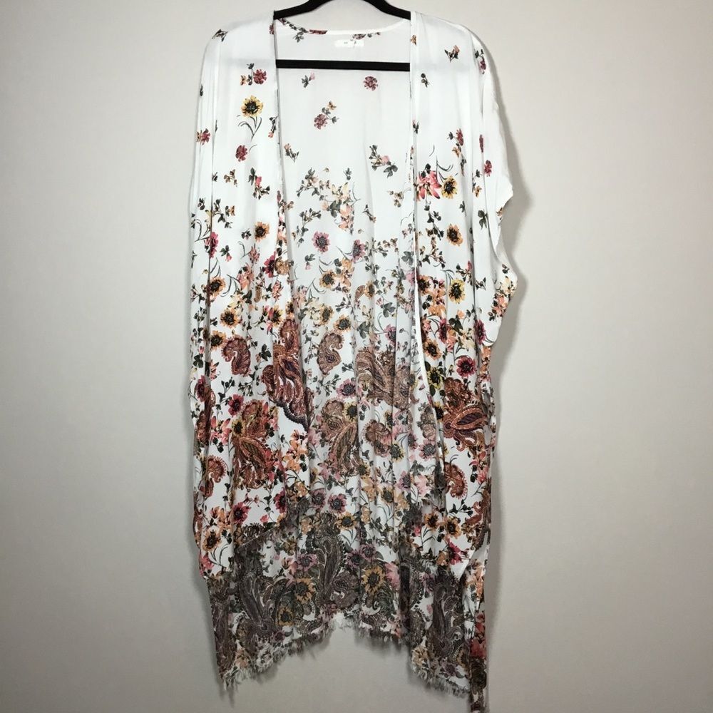 Flowers and paisley print floaty duster kimono open front tassel hem One Size